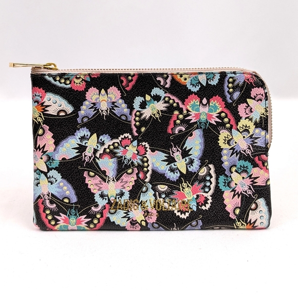 Zadig & Voltaire Leather Pouch Butterfly Print Zip Around Black Multicolor Gold